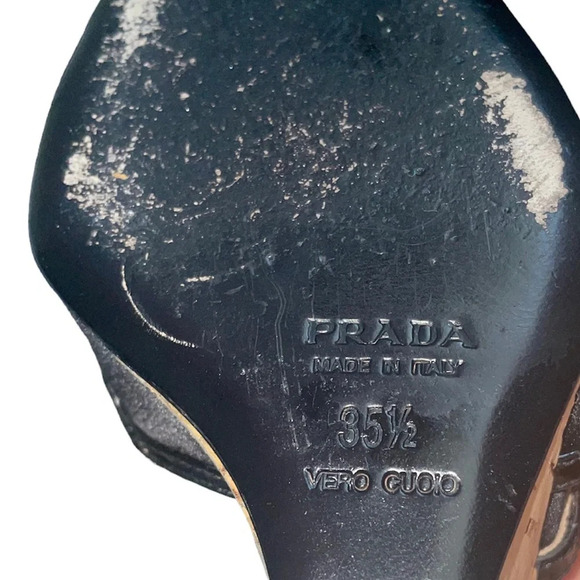 PRADA Black Satin Concho Wedges Sandals Size 5.5 - Picture 8 of 10